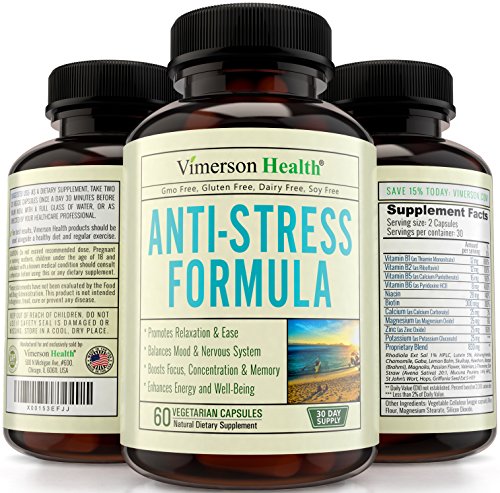 Anti Stress & Anxiety Relief Supplement by Vimerson Health. Herbal Blend with Biotin, 5-HTP, Valerian, Lutein, Vitamins B1 B2 B5 B6, L-Theanine, St Johns Wort, Ashwaghanda, Chamomile, Niacin