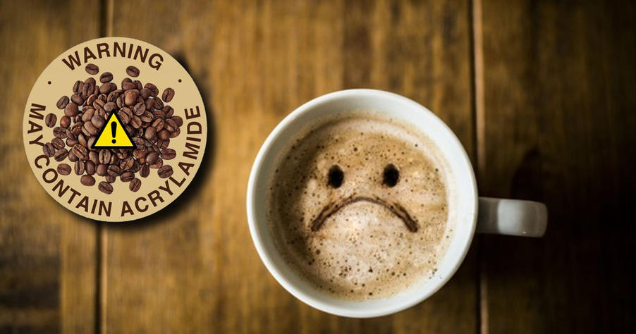 sad coffee with warning label