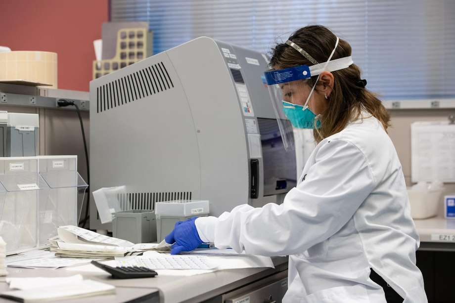 Medical researchers perform serology — testing blood samples to find out whether someone already had and recovered from COVID-19 — in Stanford University’s Clinical Virology Lab. Photo: Steve Fisch/Stanford Medicine