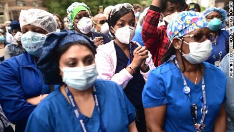 Health care workers rally outside Bellevue Hospital in New York City on June 4, 2020.