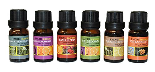 100% Pure Therapeutic Grade Essential Oil (Blended) 6 Scents of 10ML Combo Set (Slimming, Muscle Relief, Calm Down, Kama Sutra, Anti Anxiety, De-Stress & Good Sleep) Aromatherapy