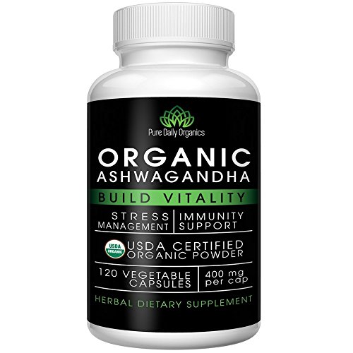 Organic Ashwagandha - Best Natural Adrenal Supplement for Fatigue, Calm Nerves and Anti-Anxiety Relief - Pure Anti-Stress Herb Root which Lowers Cortisol Levels - 400mg Easy Swallow 120 Veg-Caps