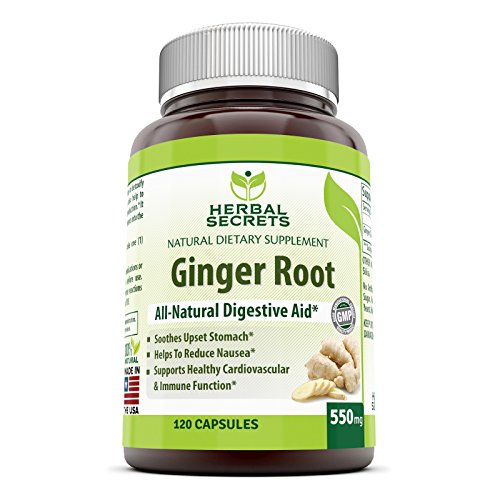 Herbal Secrets Ginger Root Supplement - 550 mg Capsules - Easy to Swallow Capsule - Helps to Relieve From Symptoms of Nausea and Upset Stomach * An All Natural Digestive Aid * 120 Capsules Per Bottle