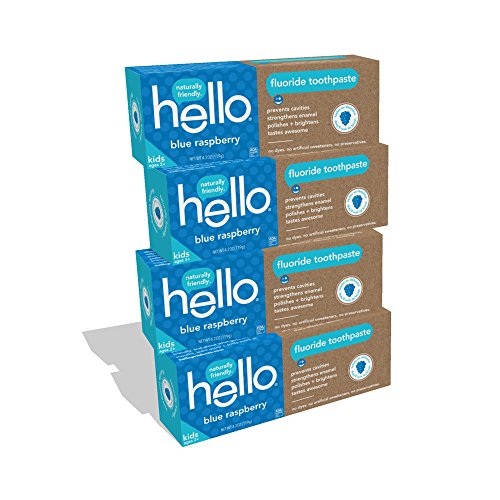 Hello Oral Care Fluoride Toothpaste for Kids Age 2 Above, Blue Raspberry, 4 Count