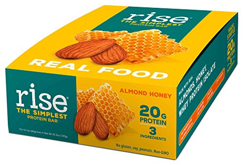 Rise Bar Non-GMO, Gluten Free, Soy Free, Real Whole Food, Whey Protein Bar (20g), No Added Sugar, Almond Honey High Protein Bar with Fiber, Potassium, Natural Vitamins & Nutrients 2.1oz, (12 Count)