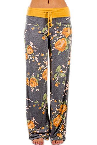 EIFFTER Women's High Waist Casual Floral Print Drawstring Wide Leg Pants (Large, Yellow)