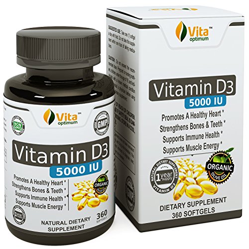 Vita Optimum Vitamin D3 5000 IU - In Certified Organic Olive Oil (360 minigels) GMO-Free & Made in USA