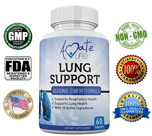 Amate Life Lung Support Dietary Supplements- Herbal Breathing Support- 10 Active Ingredients- Original Formula for Lung Health- Lung Cleanse Formula- Supplement for Bronchial System- 60 Caps- Non GMO