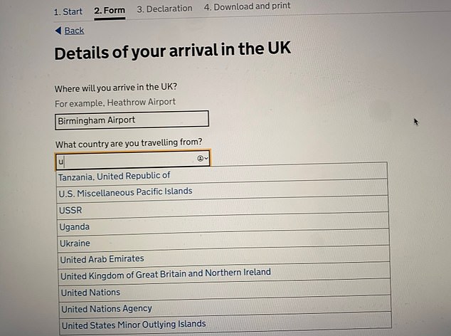 A mix-up on the government's new online quarantine form has given the option for travellers entering the UK to declare themselves as being from countries which no longer exist