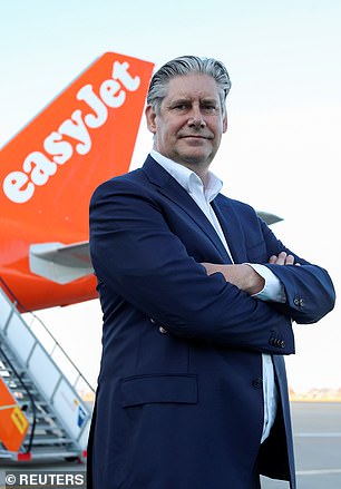 EasyJet CEO Johan Lundgren poses in front of an aircraft of the company at Gatwick Airport, in Gatwick